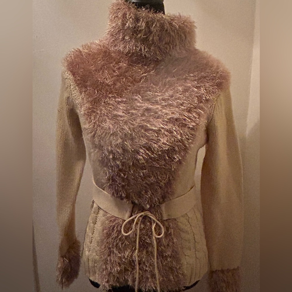 Yellow and Brown Fuzzy Front, Cuffs and Turtleneck Cable Knit Bottom Sweater